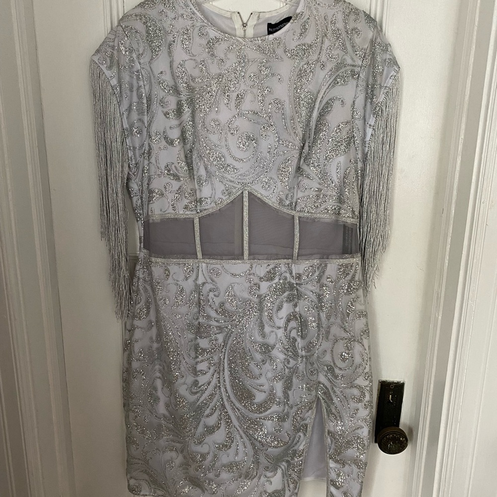 Brand New Tags On Pretty Little Thing silver glitter mesh dress Size 12